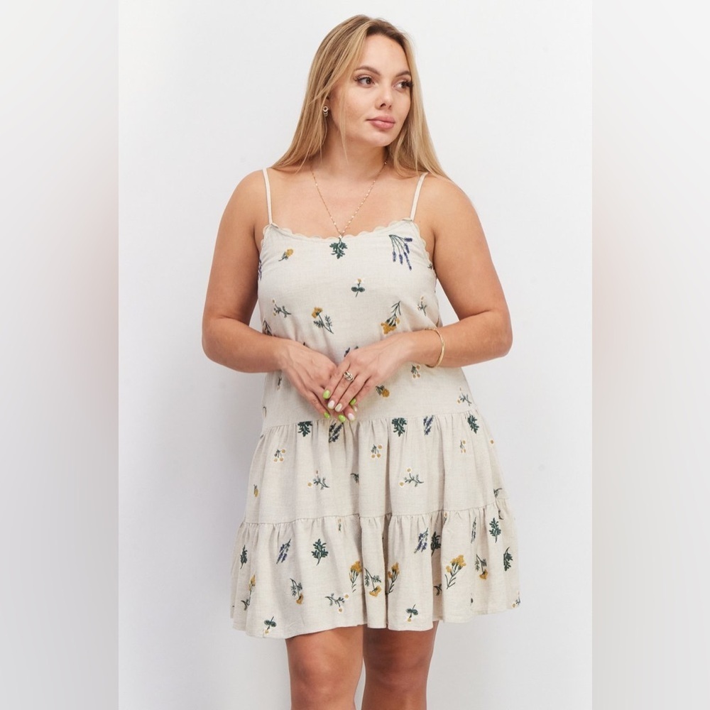 Kourt Embroidered Mini Casual Floral Beige Dress, Size XS